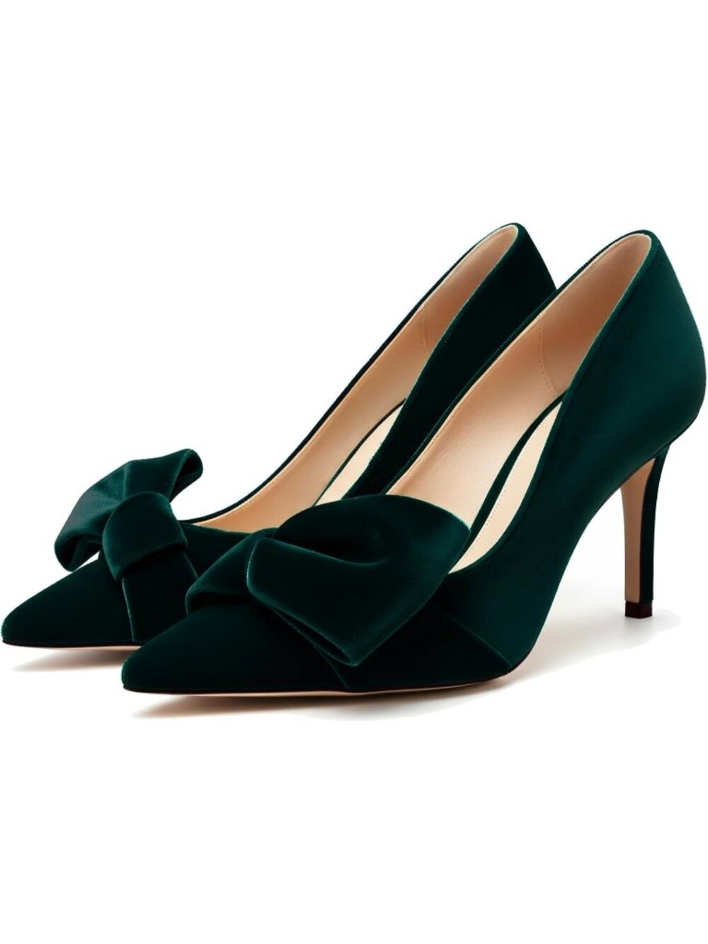 Women's Velvet Dark Emerald Green Bow Heel Closed Pointed Toe Pump Slip on Shoes